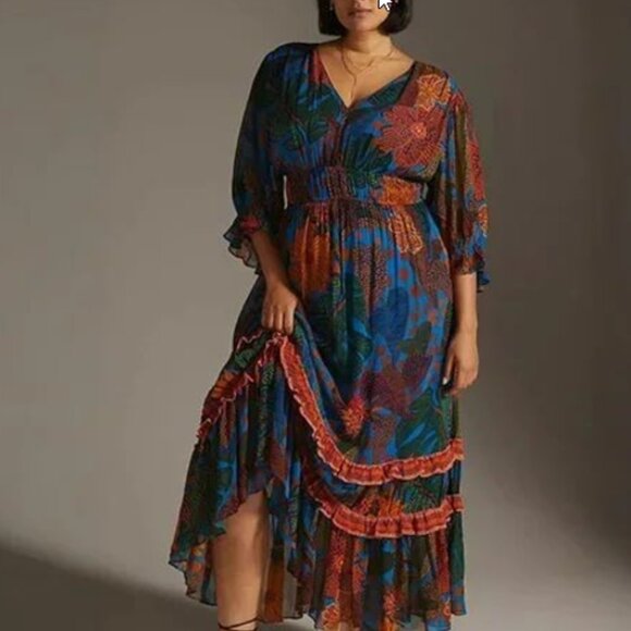 FARM RIO ANTHROPOLOGIE Blue Tropical Floral Jungle Printed Tiered Maxi Dress 1X - Picture 1 of 9
